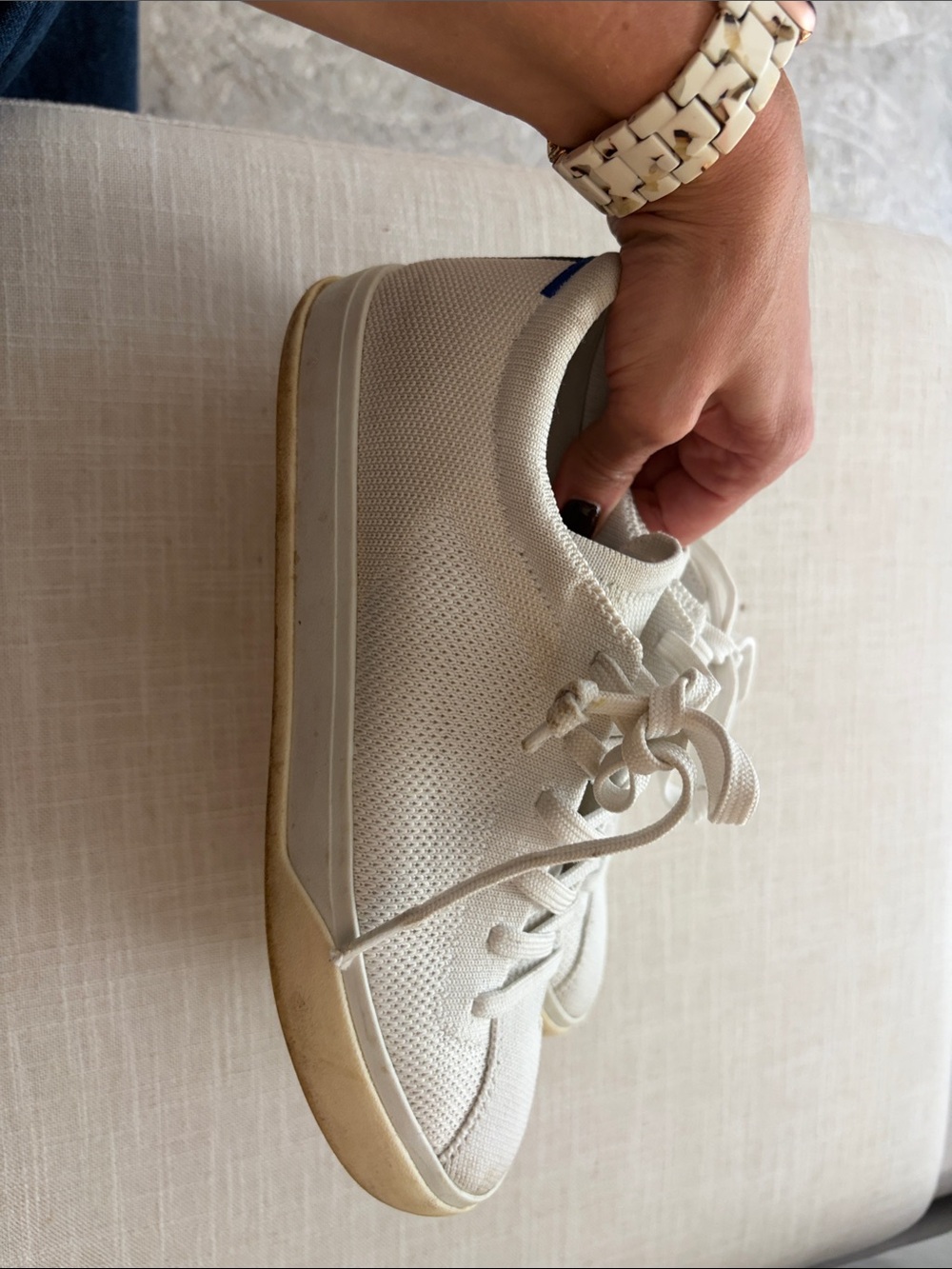 Rothy's Cream Knit Lace-Up Sneakers with Tan Sole